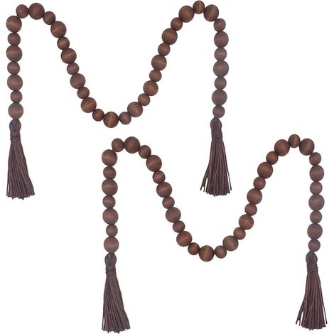 Guirlande rustique en perles de bois avec pompons (2 pièces) style ferme (1/5)