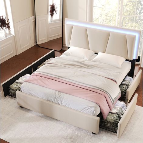 lit adulte double rangement LED 160x200 en bois beige OKMYHOME (1/5)