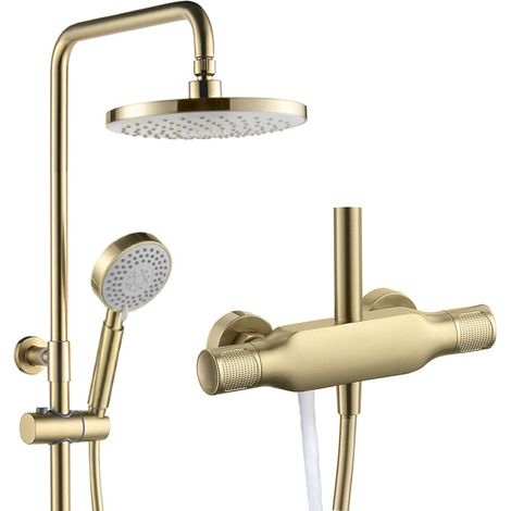 Esip – Colonne de douche murale or brossé – Mitigeur laiton massif – Pommeau 23cm à 3 jets – Hauteur réglable – Installation facile (1/5)