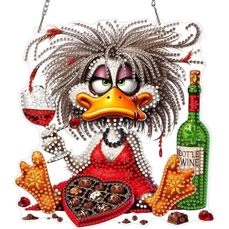 5D Diamond Painting Anhänger Ente mit Wein & Pralinen, Fensterbild DIY Set