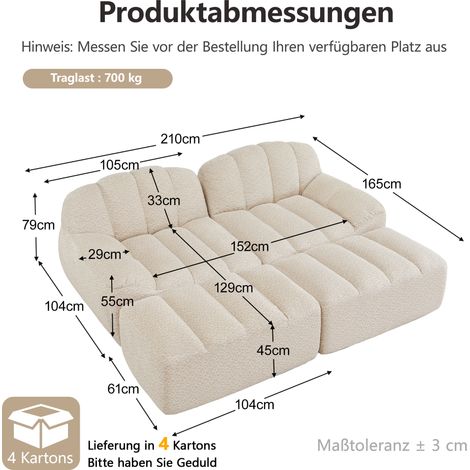 Canapé modulable 2 places avec 2 poufs, canapé sans armatures en mousse haute densité 32D, tissu doux, beige et blanc (1/5)