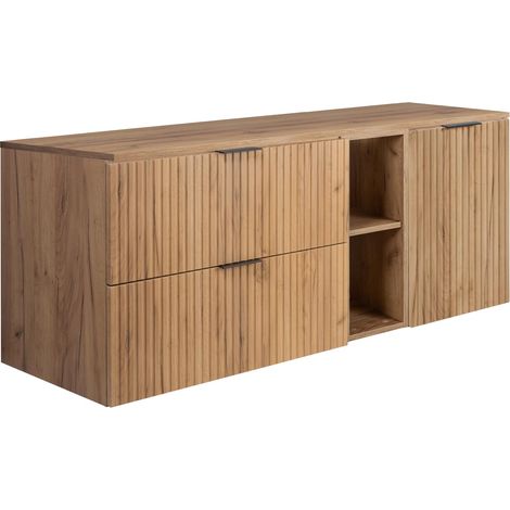 Set da bagno: mobile con cassetti, mobile con ante e ripiano 57×46×140 cm, colore: Rovere Craft, maniglia nera (1/5)