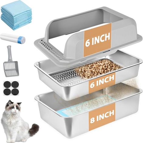 Stainless Steel Cat Litter Tray for Pine Pellets, 23.6 x 15.7 x 14 inches XXL Metal Litter Tray with Lid for Cat Interior Pellet Sieve Litter Tray with Scoop (1/5)