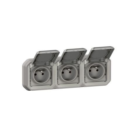 Legrand - Plexo L - Triple prise 2P+T pru00e9cablu00e9e + Support 3 postes - Encastru00e9 - Horizontal - Gris - Ref. : 069687L + 069564L (1/4)