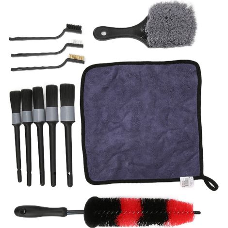 Kit de 11 brosses de detailing auto, nettoyage pneus et chiffon microfibre, pour intérieur, extérieur, tableau de bord, sièges et vitres. (1/5)