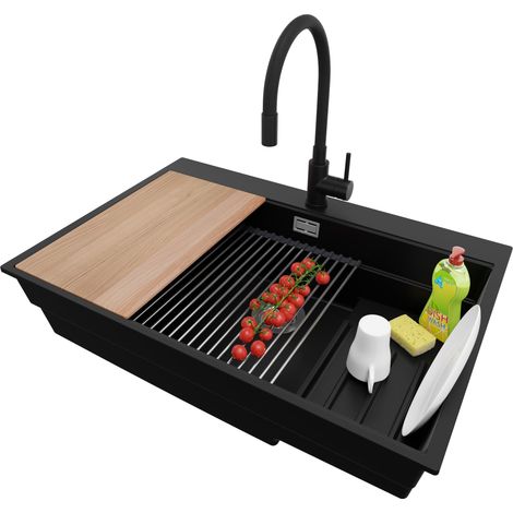 PRIMAGRAN Evier Cuisine en Granit 78x53cm, Lavabo 1 bac + Robinet 40x38cm + Kit de Vidage + Accessoires, Évier à Encastrer au meuble 80cm - Oslo Max, Noir (1/5)