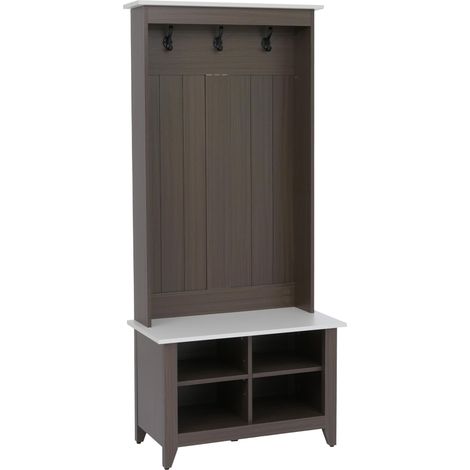 Aparador HHG-680, aparador de pie con estante para zapatos y banco, 3 ganchos y 4 compartimentos, melamina, 170 x 76 x 39 cm, Acabado nogal, beige