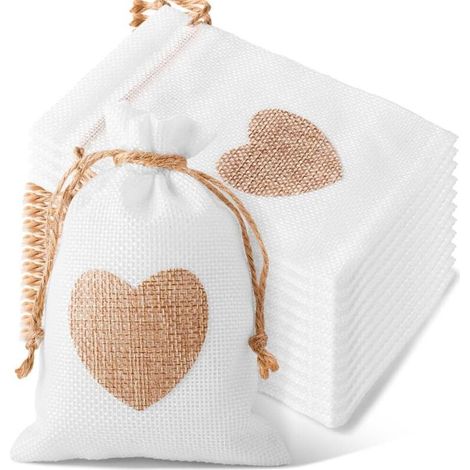20 Sac Toile de Jute Cadeaux Sachets Lavande Dragées Friandises Mariage 10x15cm (blanc+coeur) (1/4)