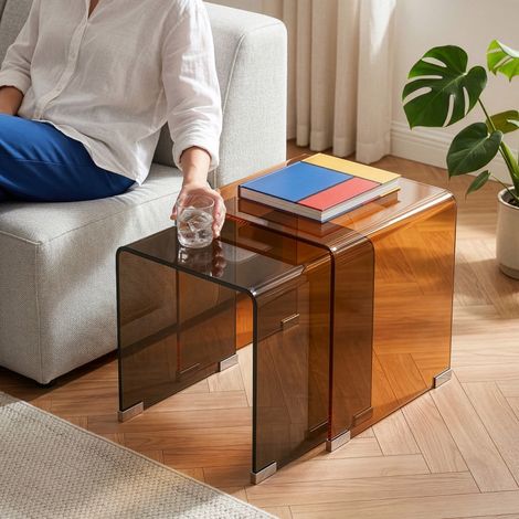 Set Kariengem di 2 Tavolini Sovrapponibili in Vetro - Marrone [en.casa] (1/5)