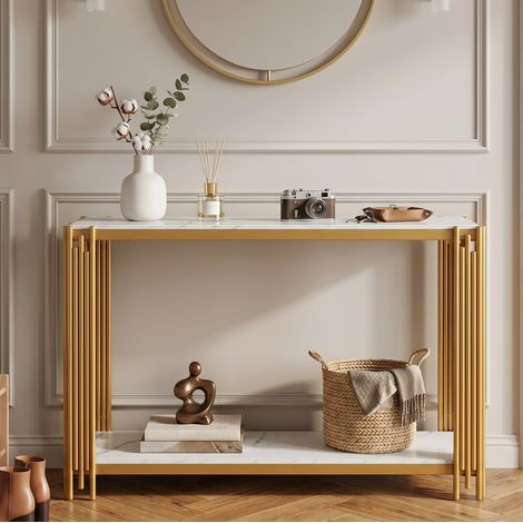 Table console à 2 niveaux effet marbre et structure en métal doré (1/5)