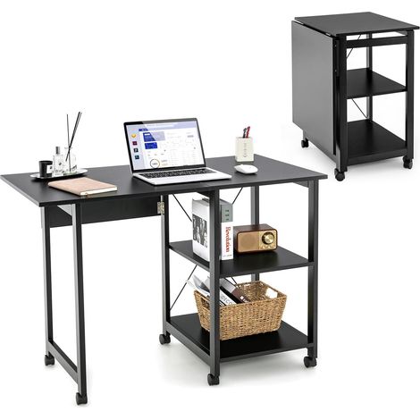 COSTWAY Bureau Pliable pour Ordinateur, Table de Travail à 3 Niveaux avec 2 Étagères de Rangement, 6 roulettes Universelles 3 Verrouillables, Compact et Peu Encombrant, Noir (1/5)
