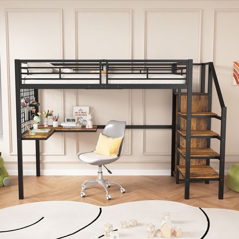 Lit mezzanine enfant 90x200cm, avec table et armoire, marchepieds latéraux avec mains courantes, base en métal, cadre de lit en fer forgé, style industriel, Noir