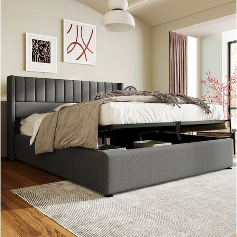 Bett Stauraumbett gepolstert modern 180x200 cm, Leinen Grau, Kopfteil mit Vertikalnähten, hydraulischer Lattenrost (1/5)