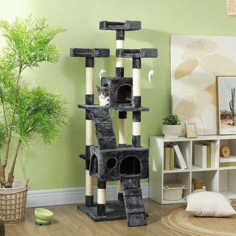 Arbre à chat XXL gris avec 2 niches, 3 plateformes, 2 échelles et jouets suspendus, structure MDF et sisal, 49x49x173 cm – CHICFURN (1/5)