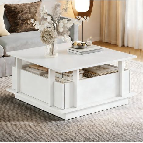 Table basse 70x70x35 cm blanche en panneaux de particules brillants avec 2 tiroirs, LED et séparateurs en acrylique (1/5)