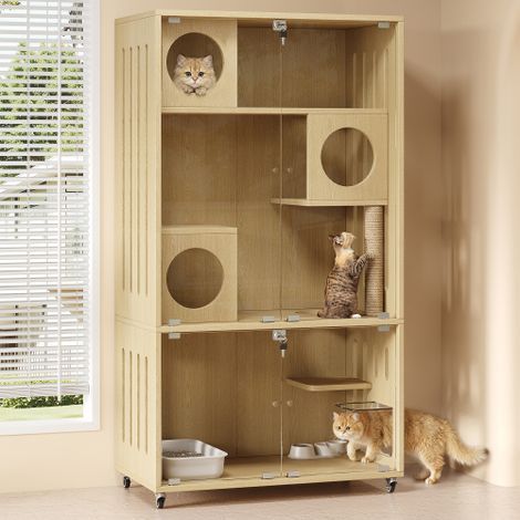 Volière d'Intérieur pour Chat en Bois, Grand Enclos 90 x 50 x 166 cm avec Porte et Serrure, Maison à 2 Niveaux pour Chatons et Petits Animaux, Couleur Naturelle (1/5)