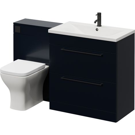 Napoli 460 Cento Deep Blue 1400mm 2 Drawer Vanity Unit Toilet Suite with Glide Basin - 1400mm - Matt Black 480mm HandleWith Kingston Toilet Pan and Seat