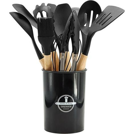 Set de 12 Ustensiles de Cuisine en Acier Inoxydable Antiadhésif, Poêles avec Manche en Bois, Silicone et Seau (1/4)