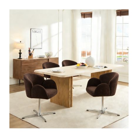 360° drehbarer Esszimmerstuhl Braun aus Stoff mit glänzendem Edelstahlgestell (1/4)