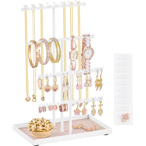 Porte-Bijoux, Support à Bijoux, Cadre en Métal, Plateau en Velours, pour Colliers, Bracelets, Boucles d’Oreilles, Clous d’Oreilles et Bagues, Idée Cadeau, Blanc Mat (1/5)