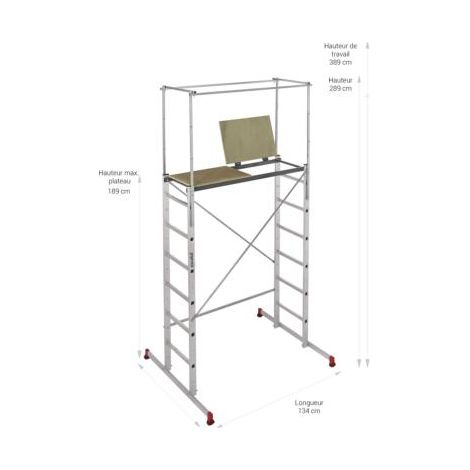 Escalux – Échafaudage aluminium 150 kg – Hauteur de travail 4.10 m – Plateau 130x44 cm – Conforme norme EN 131 – Usage domestique (1/4)