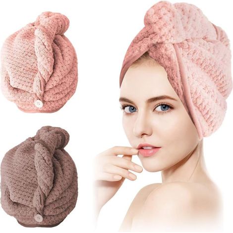 2 Pièces Serviette turban, Séchage rapide, Microfibre, Fermeture à bouton, Tous types de cheveux (1/5)