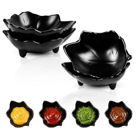 Bol Plastique,Petit Bol, Coupelles À Sauce Noires en Forme de Feuille, Coupelles À Sauce de 3,85 Pouces pour Snacks, Coupelles À Épices, Sauce Soja, Sushis Et Amuse-Gueules,4 Pièces (1/5)
