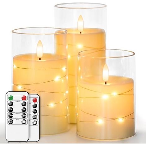 Velas LED, juego de 3 velas con forma de cono de llama ondulada con control remoto, de vidrio. (1/4)