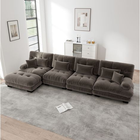 Sofá modular esquinero marrón en chenilla con otomana móvil y asientos confort (1/5)