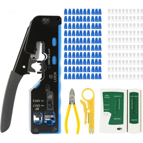 All-in-One RJ45-Crimpwerkzeug-Set für Cat5e-, Cat6- und Cat6a-Durchgangsstecker und Kabelabdeckungen. 100-teilig. (1/5)
