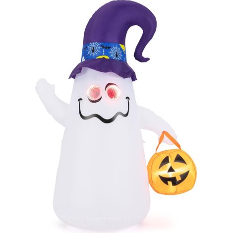 COSTWAY Décoration d’Halloween Gonflable 180 cm, Fantôme Mignon avec Lanterne Citrouille, Chapeau de Sorcier, 5 Lumières LED à Intensité Variable, Décoration d'halloween pour Intérieur, Jardin