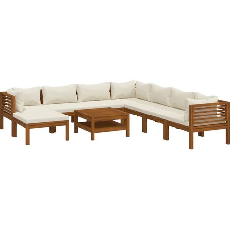Salon de jardin 9 pcs avec coussin crème Bois d'acacia solide vidaXL