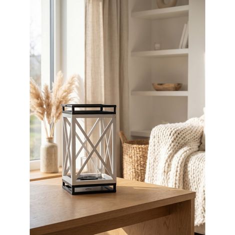 Lanterne Photophore en Bois Blanc et Noir Porte-Bougie Décoratif pour Intérieur 38 cm - PANGIVO