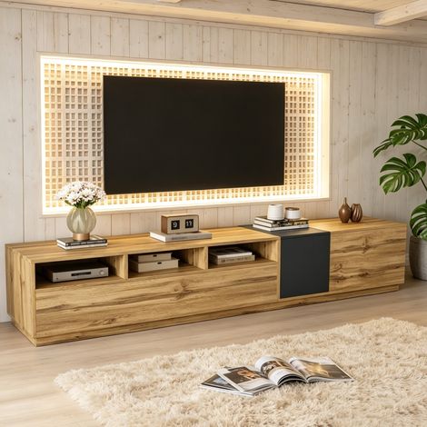 Meuble TV moderne en bois noir - 200 cm - avec portes et étagères - Style scandinave - Meuble de salon (1/5)