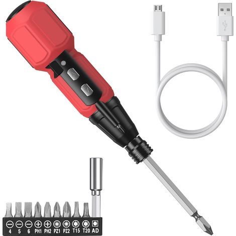 Cordless Screwdriver,Rechargeable Electric Screwdriver Kit,Portable Auto Repair Tool Kit with USB Cable and LED Lights,Red (1/5)