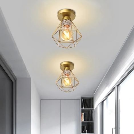 U-DO LOT DE 2 Plafonnier Industriel Vintage Cage en Doré Lampe Luminaire forme Diamant E27 40W pour Couloir Bar Bureau (1/4)