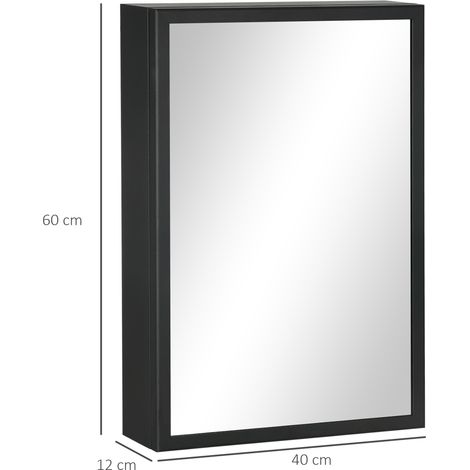 Meuble de rangement salle de bain noir, armoire murale avec miroir, 3 tablettes, étagère de pharmacie, placard de chambre, dimensions 40x12x60 cm. (1/5)