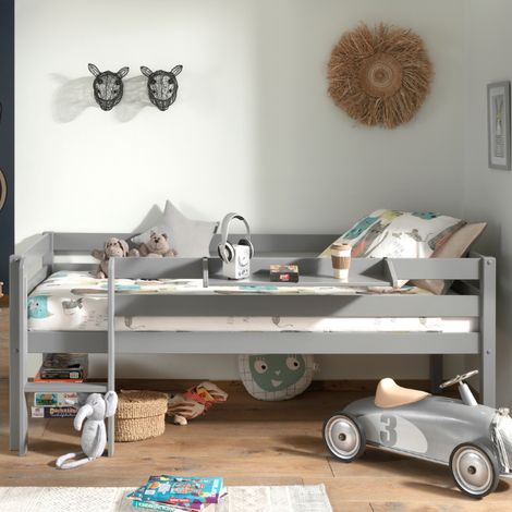 Lit mi-hauteur Pip 90x200 cm avec étagère suspendue-gris (1/4)
