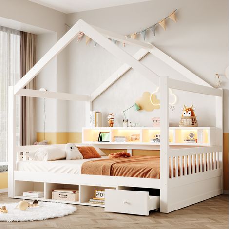 Cama cabaña con almacenaje 140x200 cm de madera blanca con LED y enchufes, sin colchón - CHICFURN (1/5)