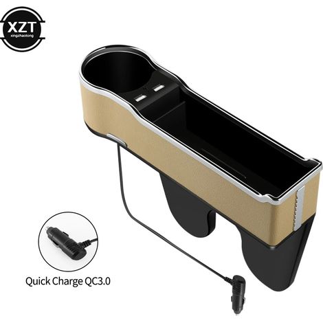 (QC3.0 beige) Organisateur d'espace pour siège auto avec double port USB, rangement pour siège avant et porte-gobelet, boîte de rangement en PU (1/5)