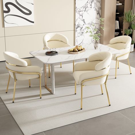 Lote de 4 sillas de comedor de terciopelo beige con patas de metal, para salón, dormitorio, ocio (1/5)