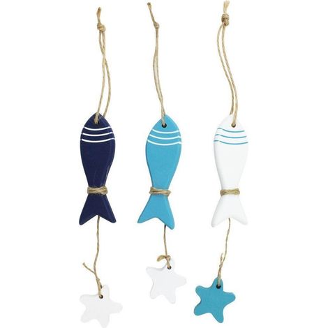 Trade Shop - Pesce Con Stellina In Legno Arredamento Decorazione Casa Sea Style -