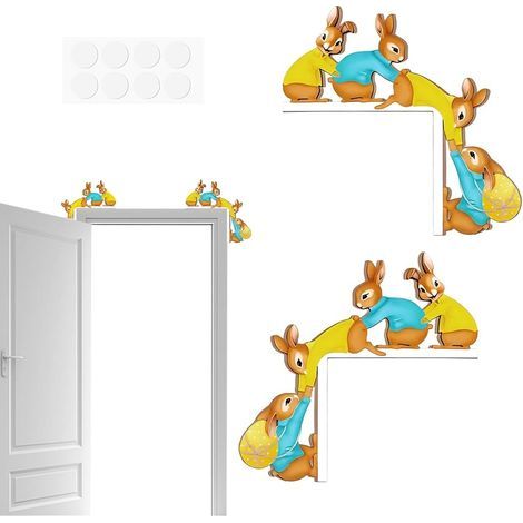 Decorazione per porta pasquale in 2 pezzi, cornice angolare con motivo a coniglio, decorazione pasquale in legno con 8 pezzi di nastro biadesivo, per porte, finestre, frigoriferi (1/5)
