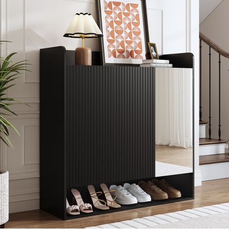 Zapatero con espejo de cuerpo entero, 3 puertas y estantes ajustables, negro DESVIAE (1/5)