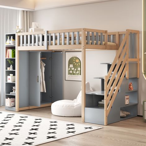 Cama alta 90x200 con armario, estanterías y escalera DESVIAE (1/5)