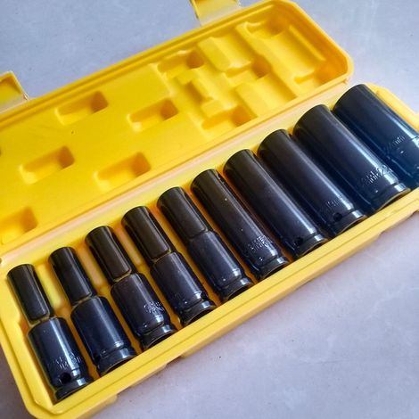10-teiliges Set pneumatischer Steckschlüssel (1/2"-Antrieb) aus Chrom-Vanadium-Stahl, 6-kant, für Elektroschrauber, gelbe Box (1/5)