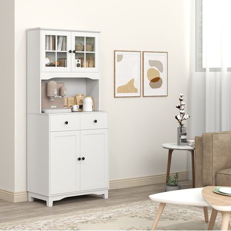 Armadio da cucina 74,5/40/172 cm bianco con vano microonde, vetrina e 2 cassetti (1/5)