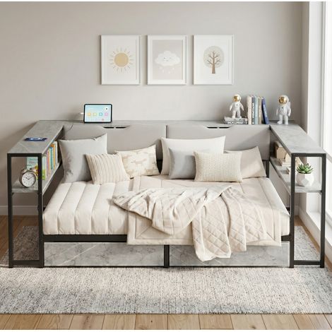 Cama dormitorio con almacenamiento y USB gris OKMYHOME (1/3)