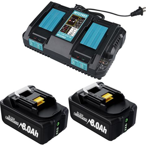 Batterie lithium longue durée 18 V 8 Ah et chargeur rapide pour outils et batteries Makita 18 V. Chargeur double port 18 V DC18RD compatible avec Makita BL1860B, BL1850B, BL1840B, BL1830B, DC18RC. (1/5)