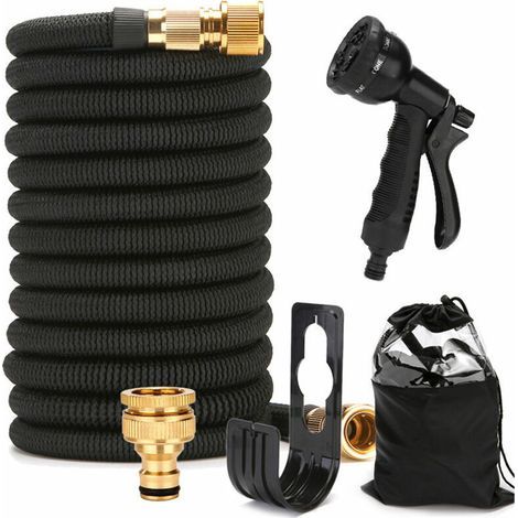 Tuyau d'Arrosage Extensible Haute Pression de 15m/50FT - Avec Pistolet à 8 Fonctions pour Nettoyage et Arrosage - Noir- (1/4)